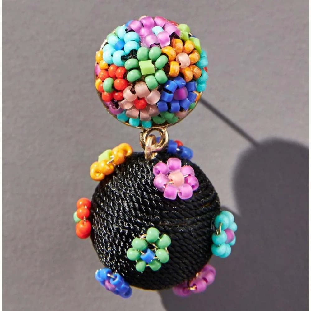 Anthropologie Suzanna Dai Flower Beaded Drop Earrings Black NWT - Picture 2 of 11